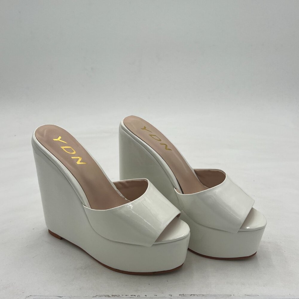 YDN White High Heels Platform Mules Peep Toe Clogs Slip on Wedge Sandals